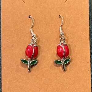 Red Rose Drop Earrings for Women - Silver Tone